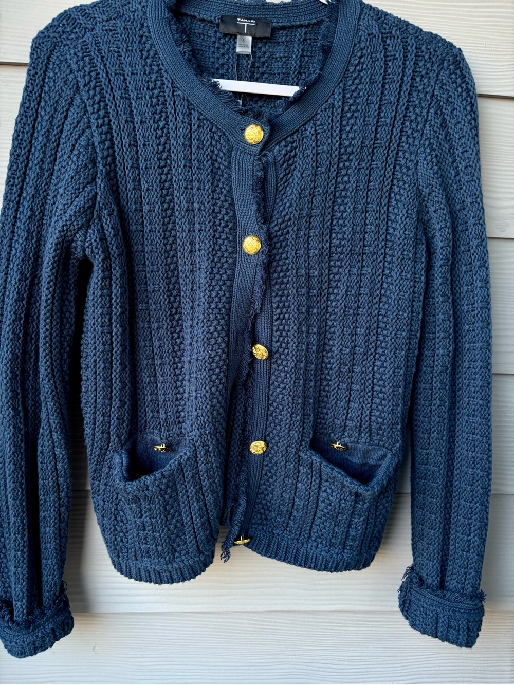 Tahari Navy Gold Button Knit Lady Jacket Cardigan Sweater NWT Small - Picture 2 of 5